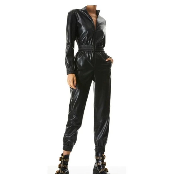 Alice And Olivia Levi Vegan Faux Black Leather Jumpsuit Size 4 NWOT $440 - Picture 4 of 12